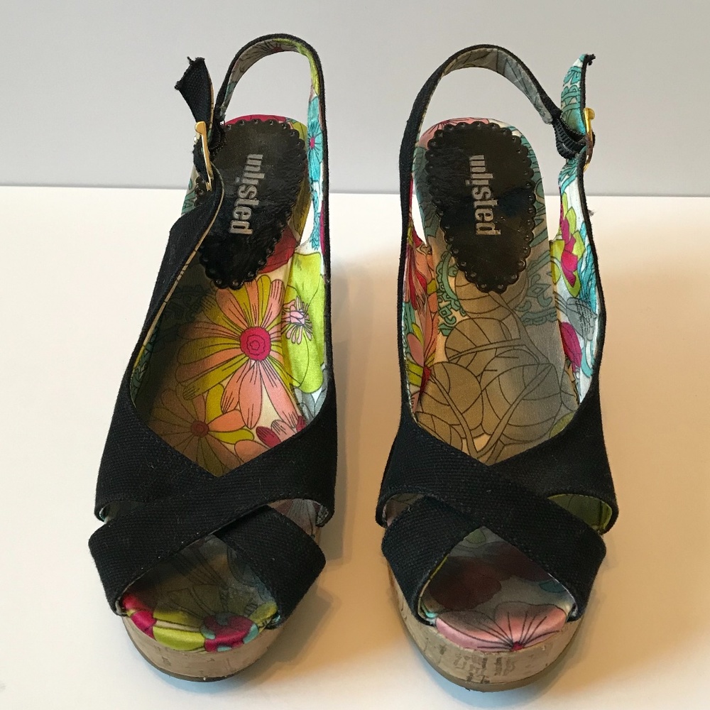 Black Cork Wedge Heel Sandals